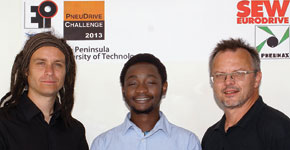 Pneudrive challenge 2013 winners, from l: Gareth Hardman, Christian Mpiana, Francois Hoffman (lecturer).